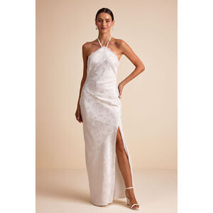 Lulus Emeris White Satin Jacquard Lace Halter Maxi Dress